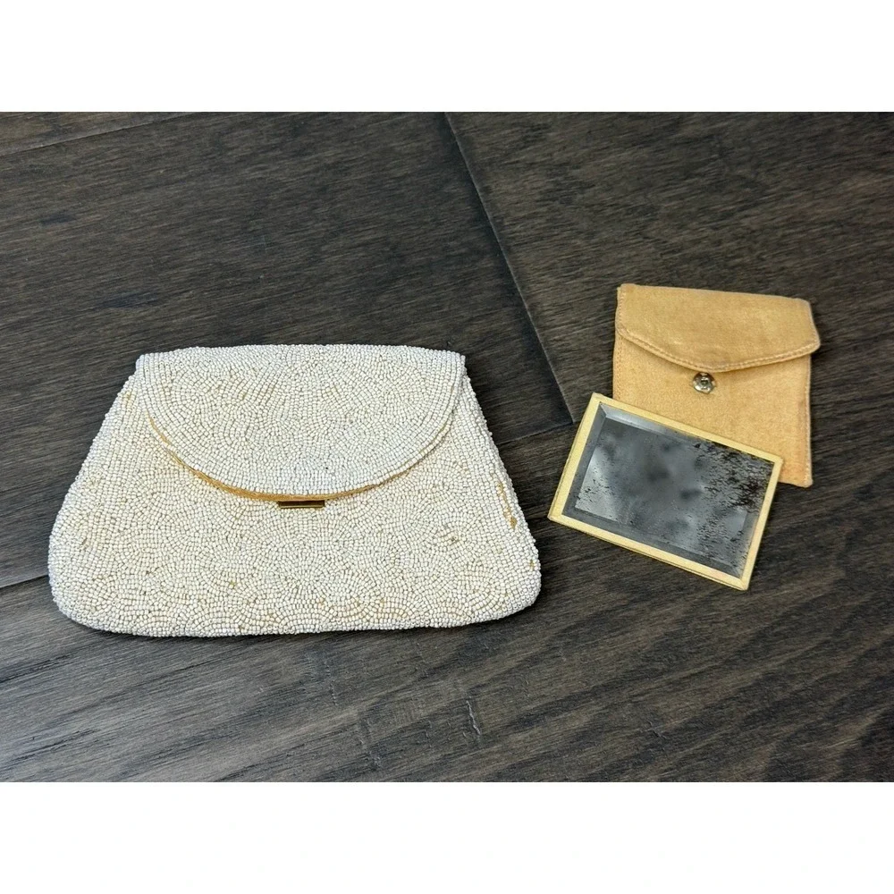 Vintage Antique White & Gold Micro-Beaded Change Purse Clutch‎ France/Italian?